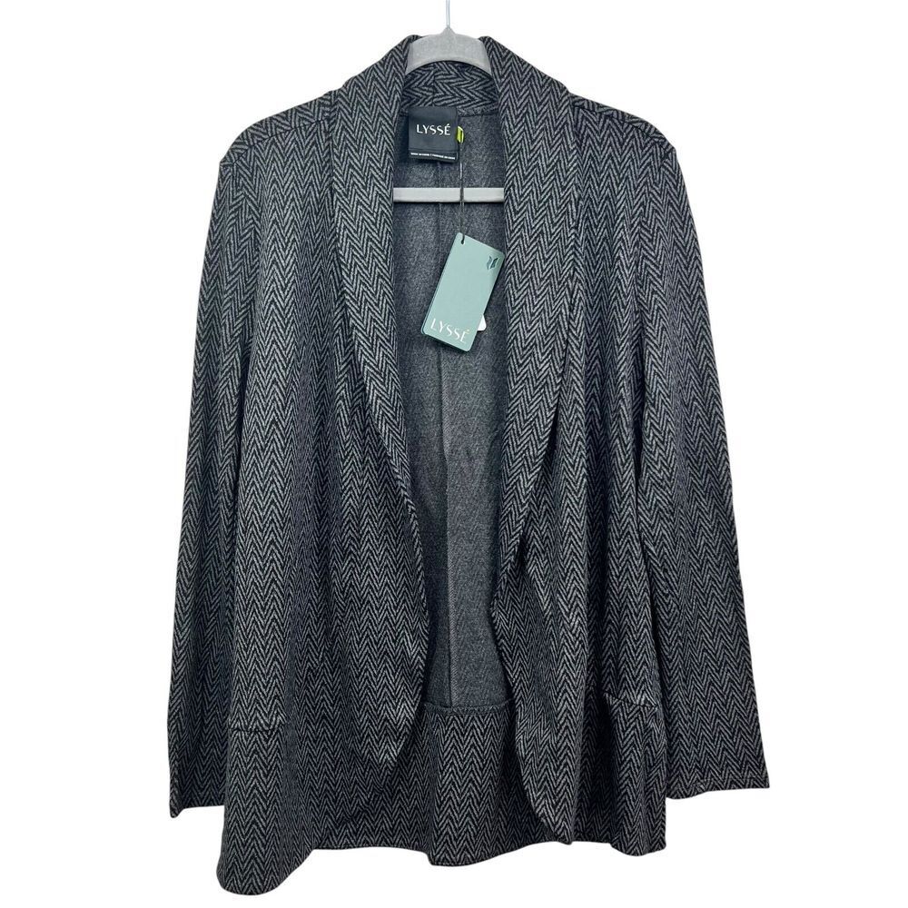 Lysse Womens Cardigan Sweater Shawl Open Collar Herringbone Gray Black Sz S*